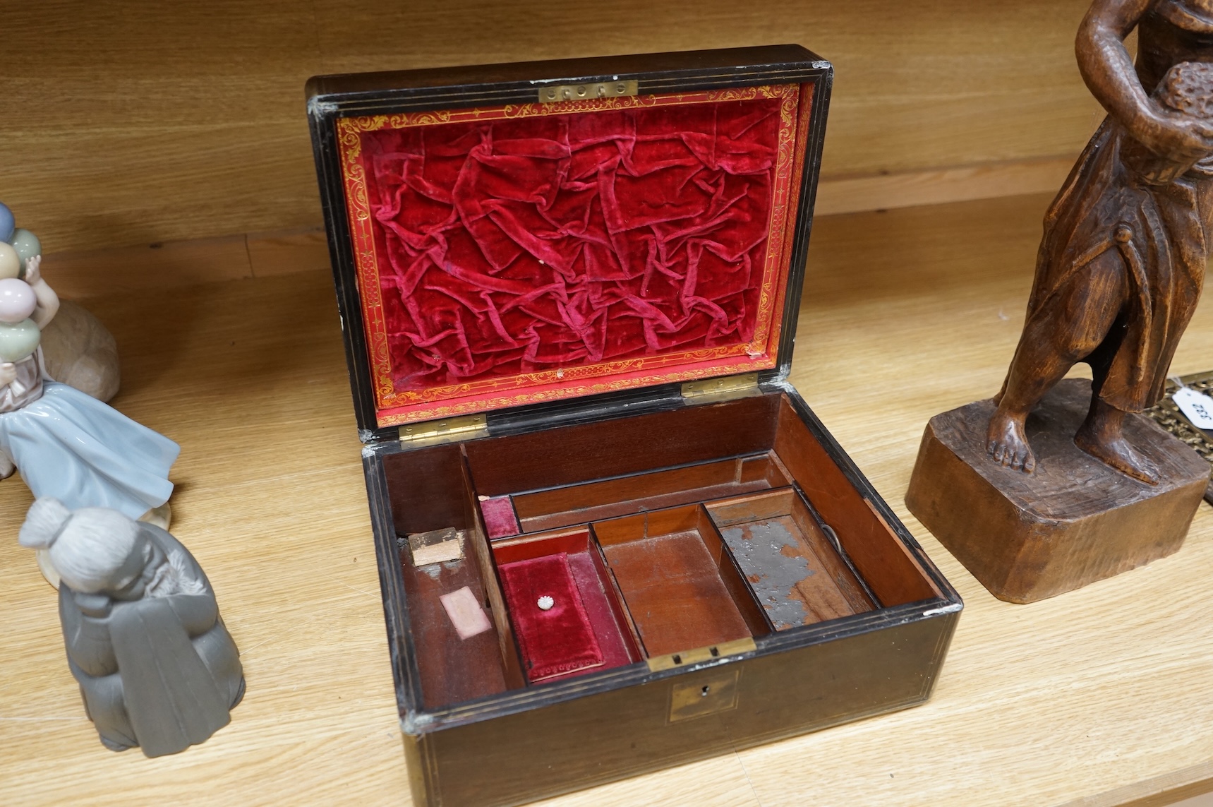 A Victorian brass mounted and inlaid rosewood sewing box together with a mahogany box